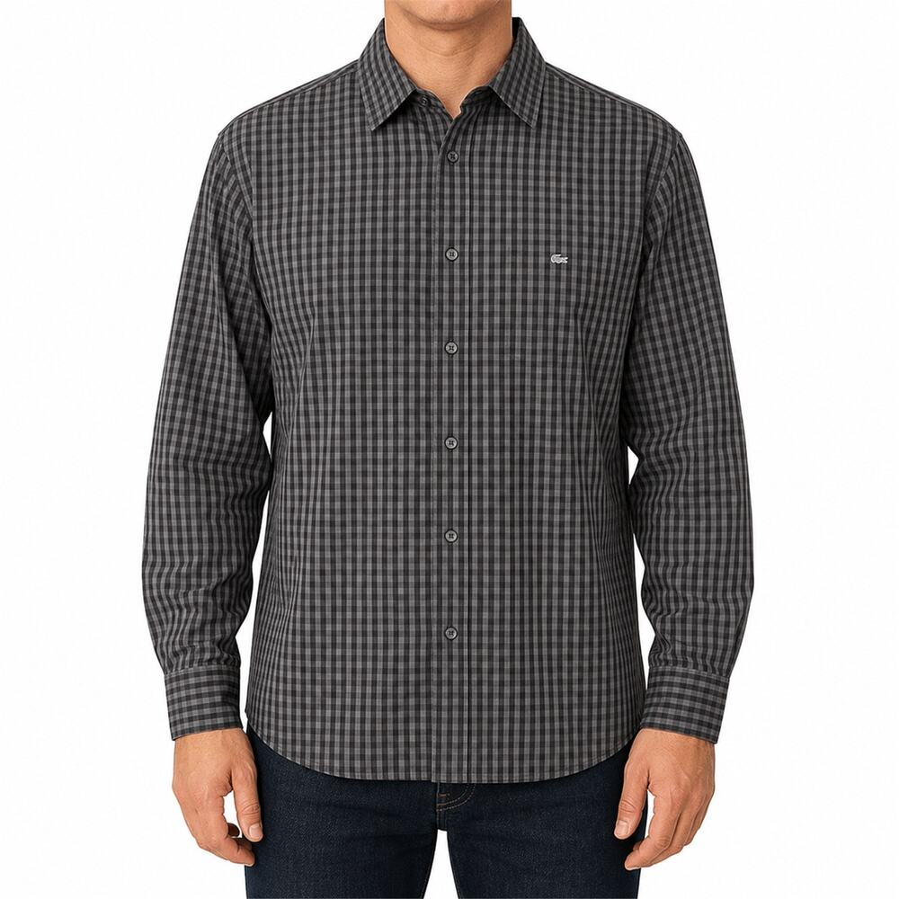 Lacoste Shirt Mens Extra Large XL Gray Black Checkered Long Sleeve Casual